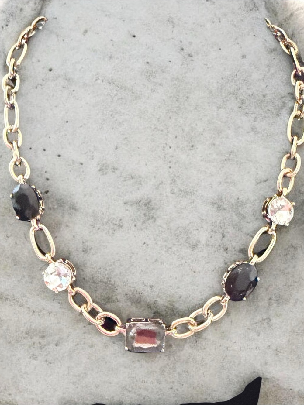 Gold-Tone Necklace with Black and Clear Stones